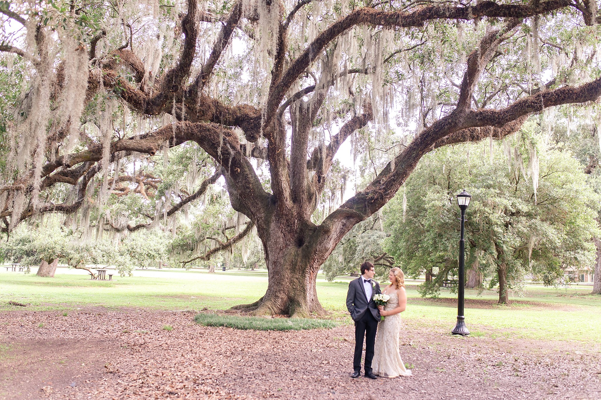 Bride and Groom Wedding Portraits in Audubon Park New Orleans by Karen Shoufler