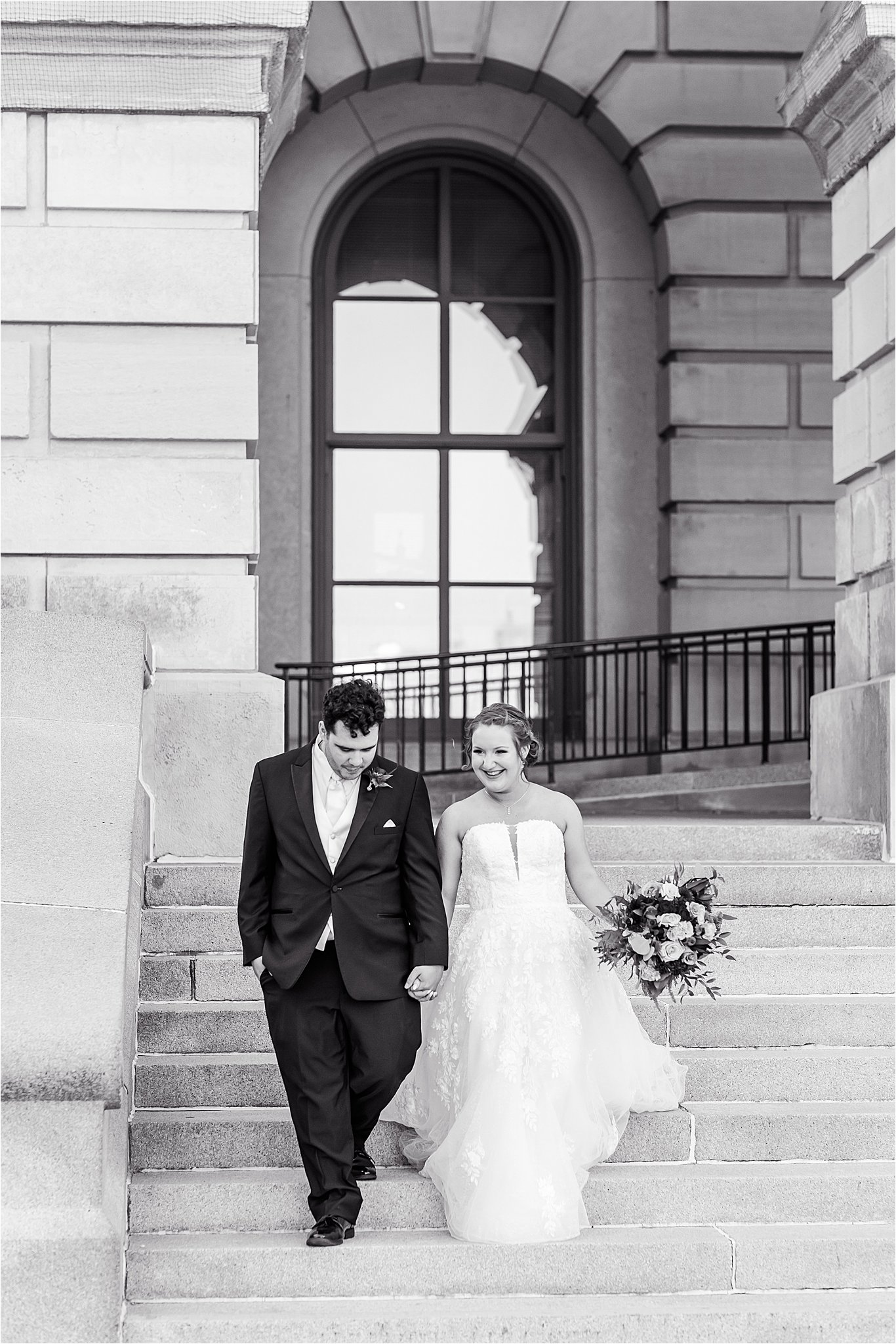 Bride and groom at Illinois State Capitol Springfield Illinois wedding by Karen Shoufler